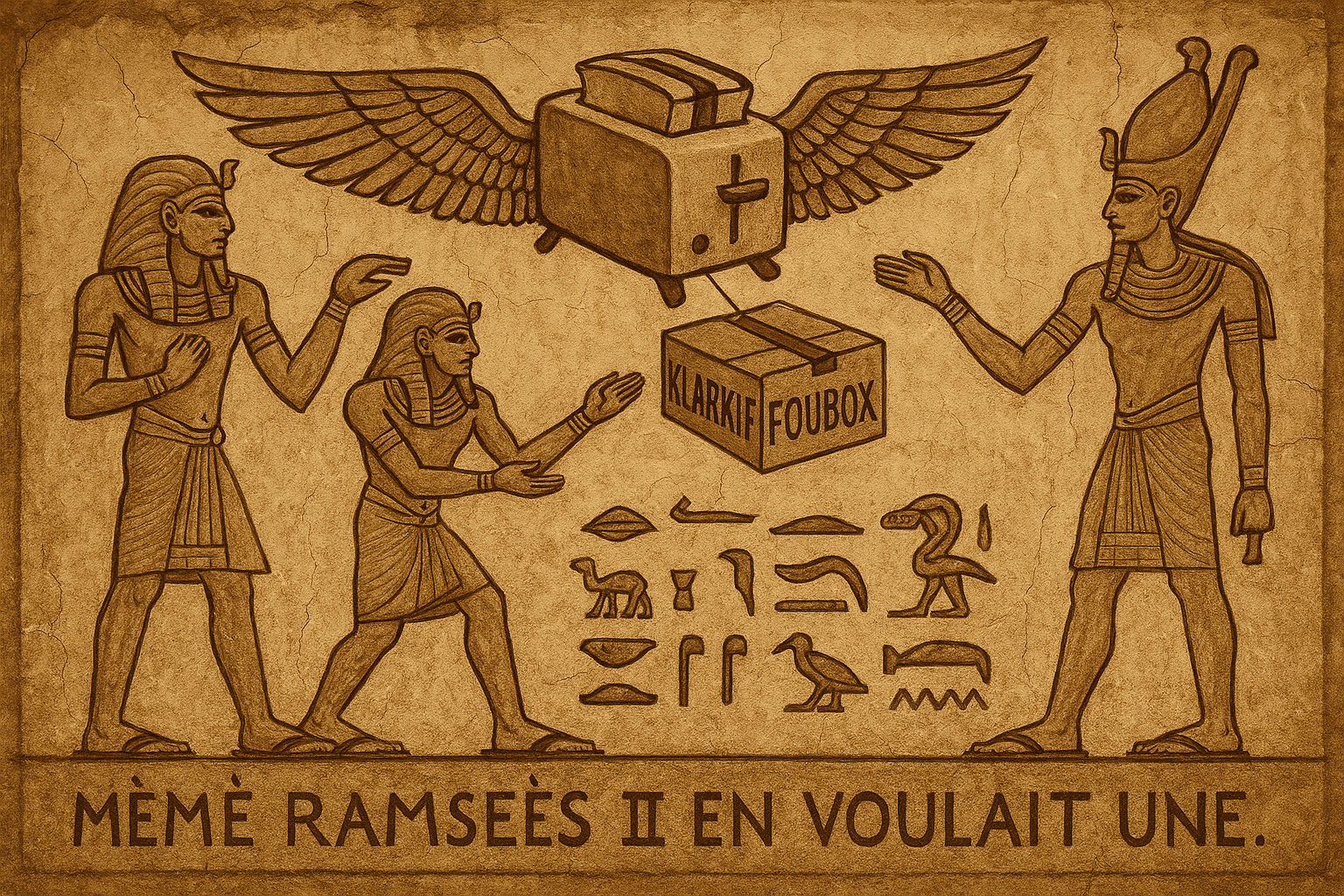 Une fausse fresque antique (style Indiana Jones) où un grille-pain ailé distribue des KlarkifouBox à des pharaons en claquettes
