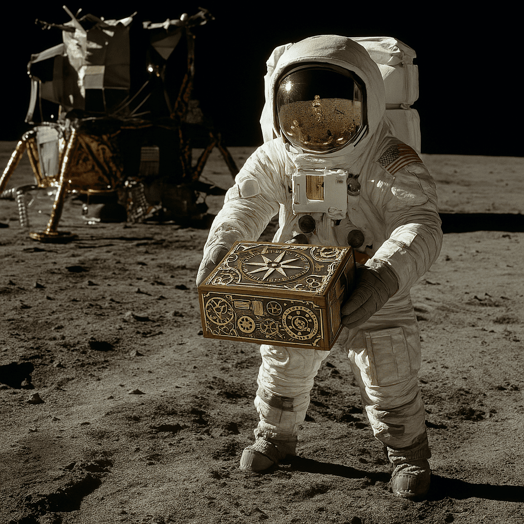 Photo retouchée de la mission Apollo 11 avec une KlarkifouBox dans le sable lunaire
