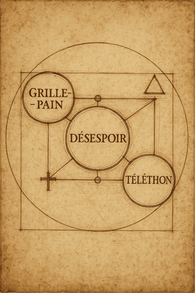 Diagramme inspiré Da Vinci Code avec les mots désespoir, grille-pain et Téléthon
